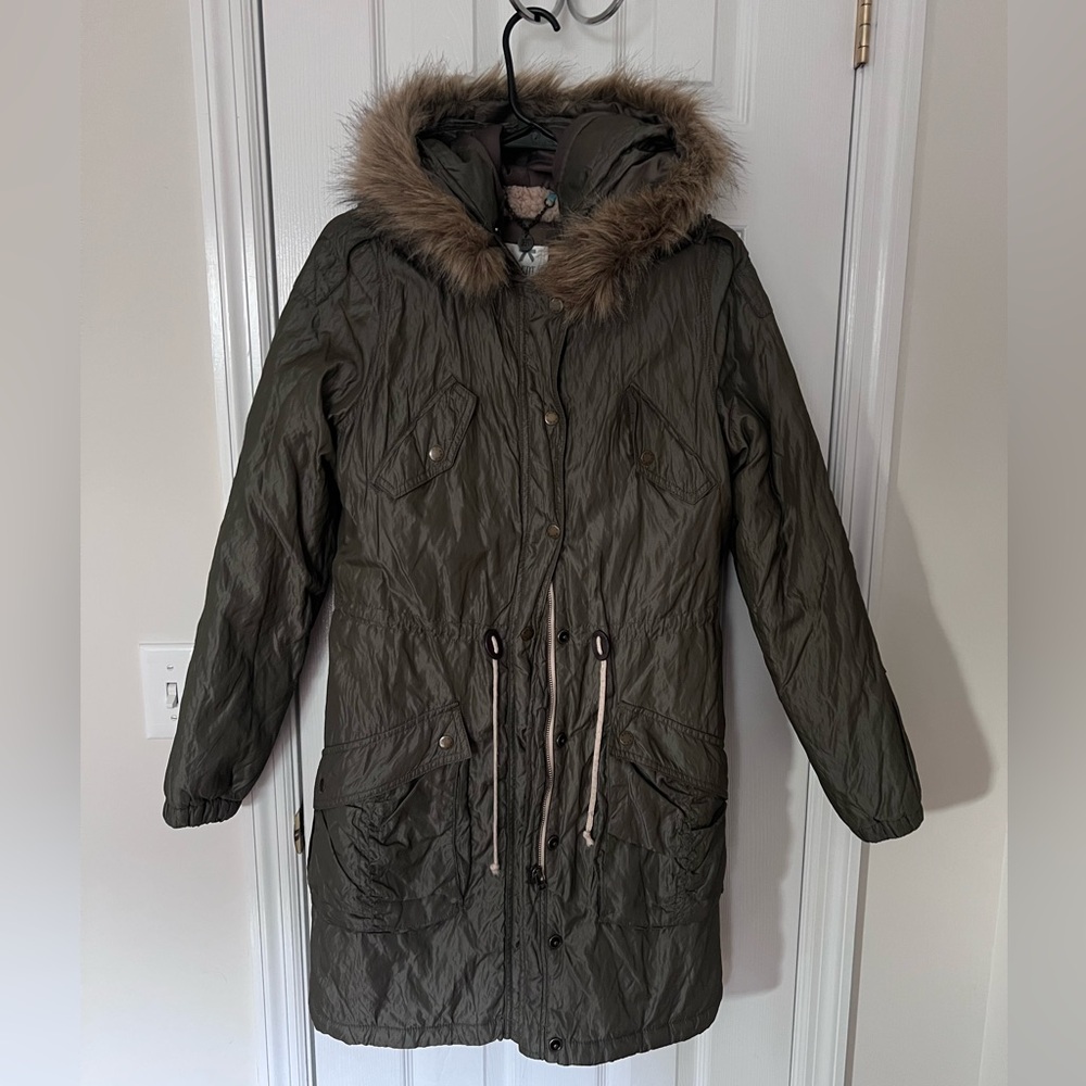 Khaki Utility Jacket with Faux Fur Trim